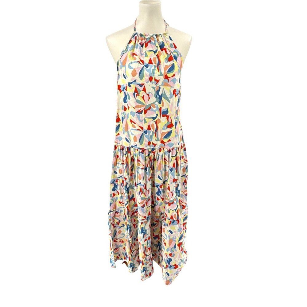 Taylor Tillman Cotton Halter Maxi Dress With Abstract Pattern & Tiered Skirt, M